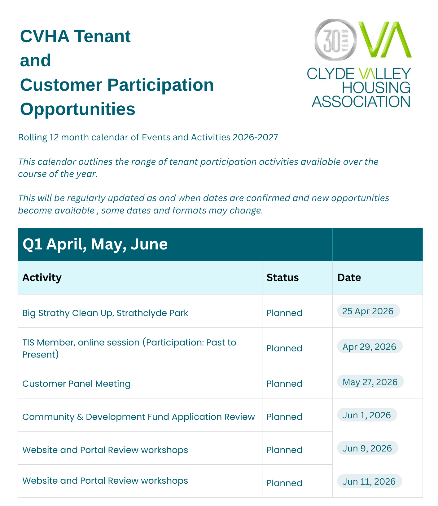 TP calendar of events Q1