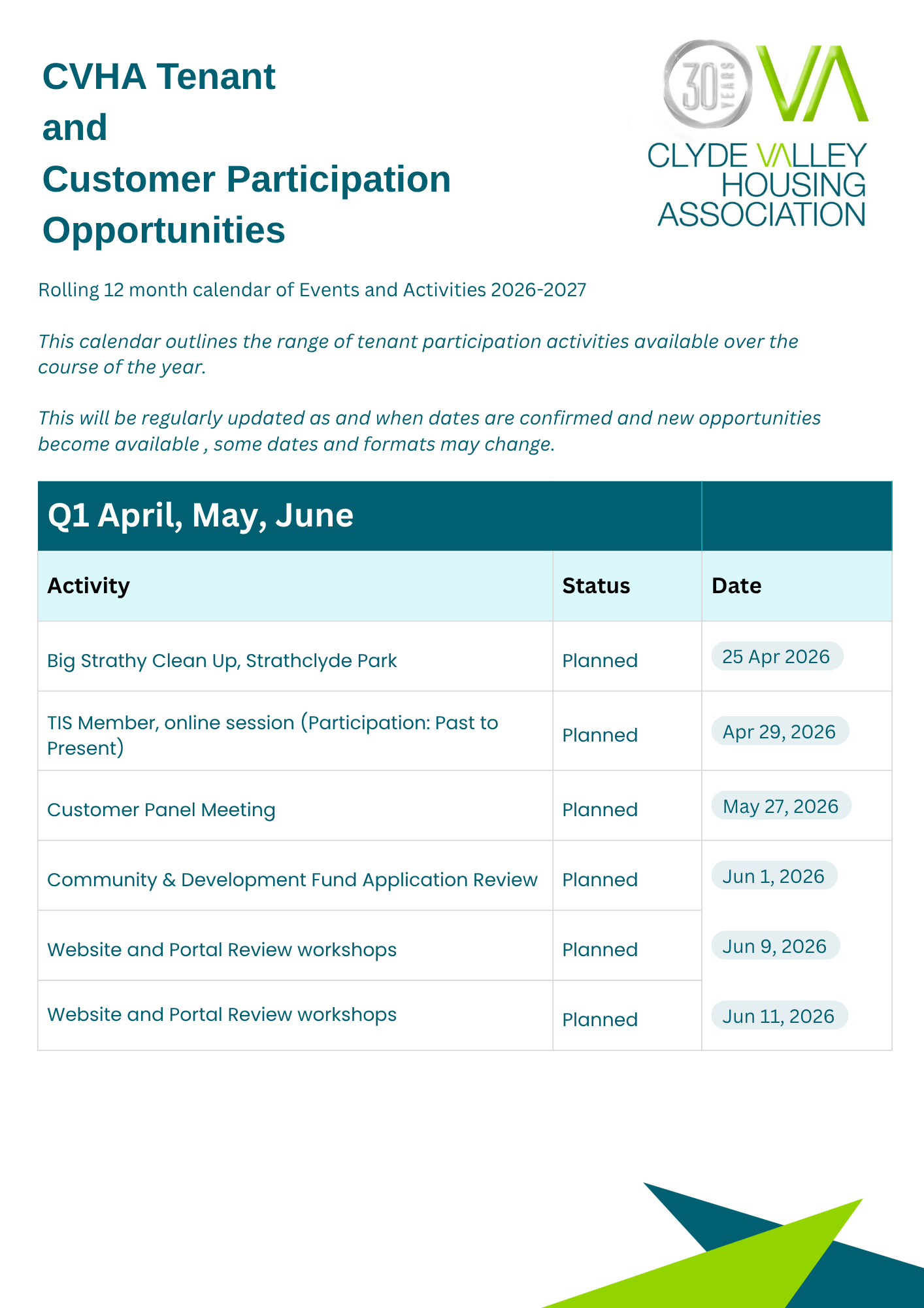 TP calendar of events Q1